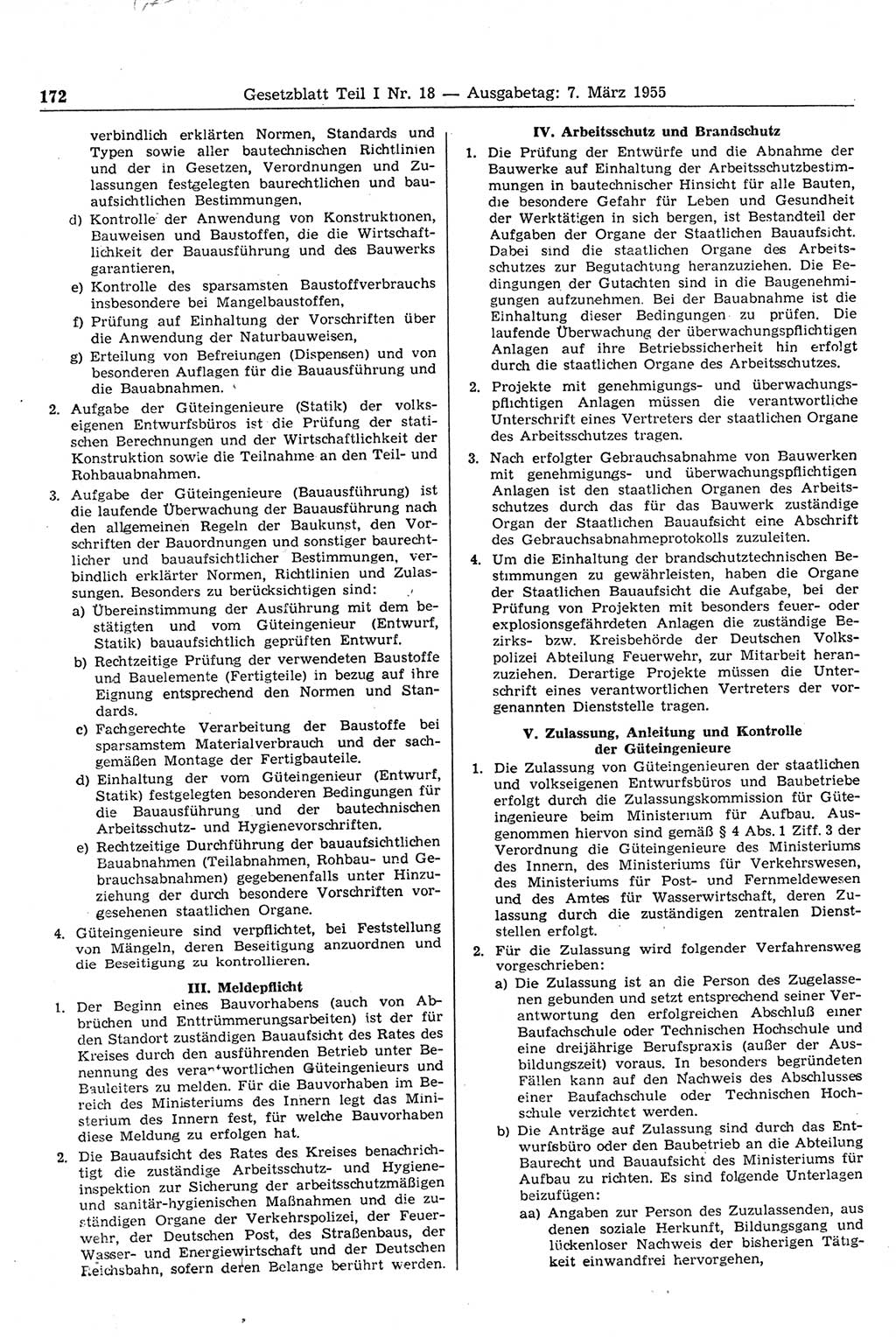 Gesetzblatt (GBl.) der Deutschen Demokratischen Republik (DDR) Teil Ⅰ 1955, Seite 172 (GBl. DDR Ⅰ 1955, S. 172)