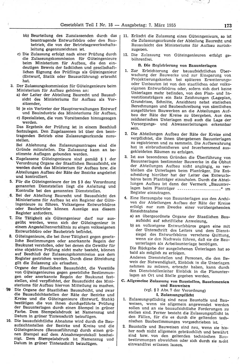 Gesetzblatt (GBl.) der Deutschen Demokratischen Republik (DDR) Teil Ⅰ 1955, Seite 173 (GBl. DDR Ⅰ 1955, S. 173)