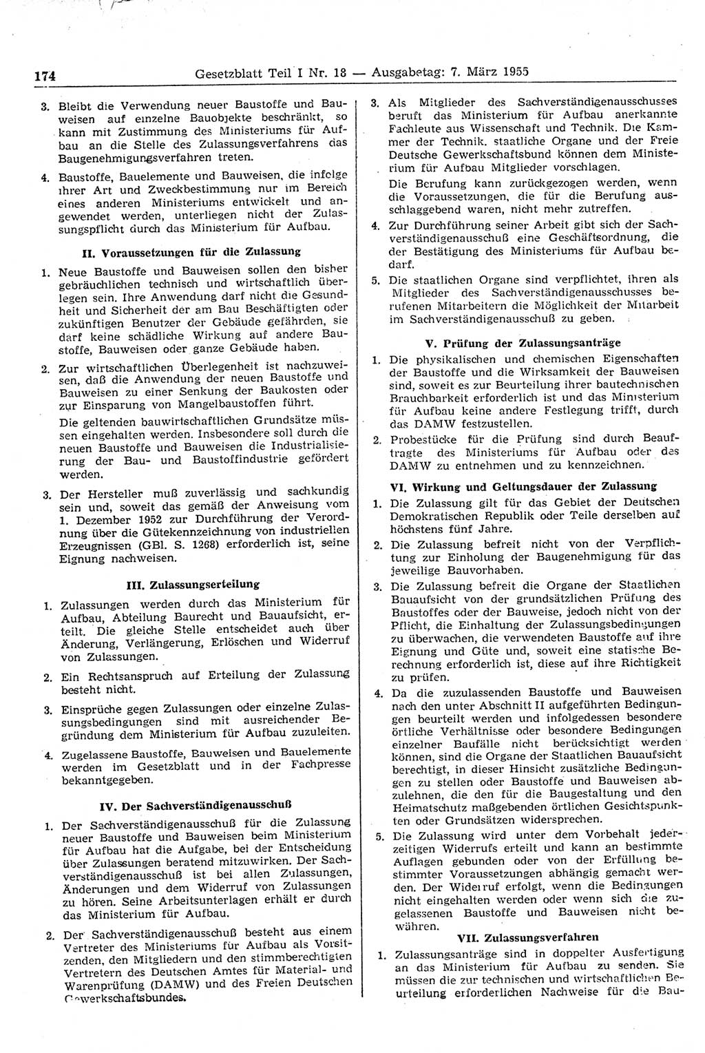 Gesetzblatt (GBl.) der Deutschen Demokratischen Republik (DDR) Teil Ⅰ 1955, Seite 174 (GBl. DDR Ⅰ 1955, S. 174)