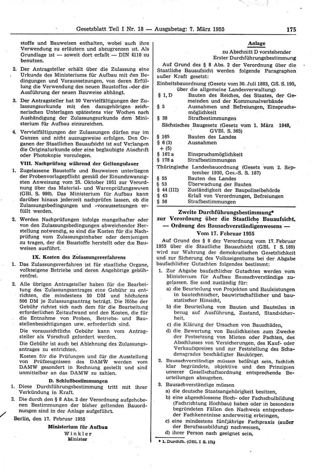 Gesetzblatt (GBl.) der Deutschen Demokratischen Republik (DDR) Teil Ⅰ 1955, Seite 175 (GBl. DDR Ⅰ 1955, S. 175)
