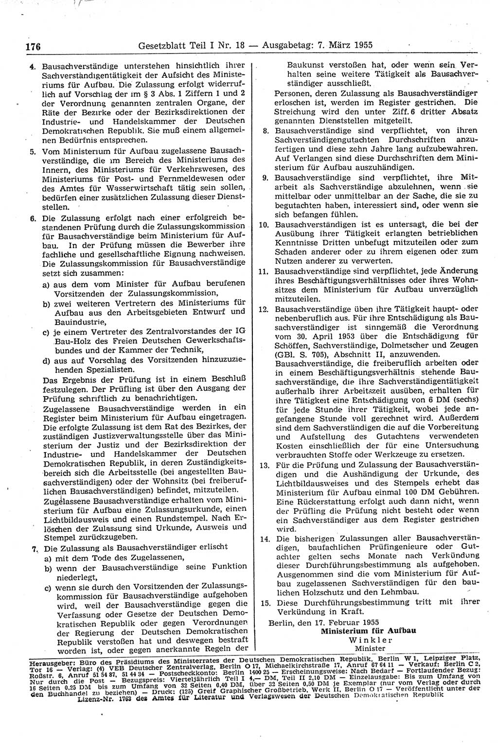Gesetzblatt (GBl.) der Deutschen Demokratischen Republik (DDR) Teil Ⅰ 1955, Seite 176 (GBl. DDR Ⅰ 1955, S. 176)
