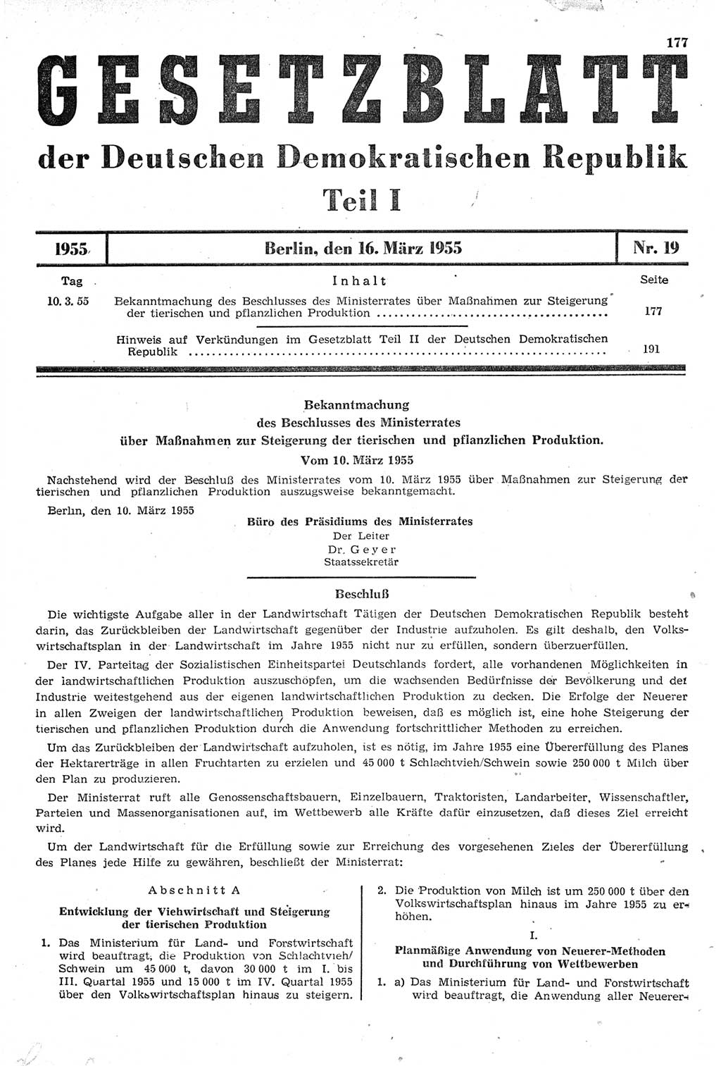 Gesetzblatt (GBl.) der Deutschen Demokratischen Republik (DDR) Teil Ⅰ 1955, Seite 177 (GBl. DDR Ⅰ 1955, S. 177)
