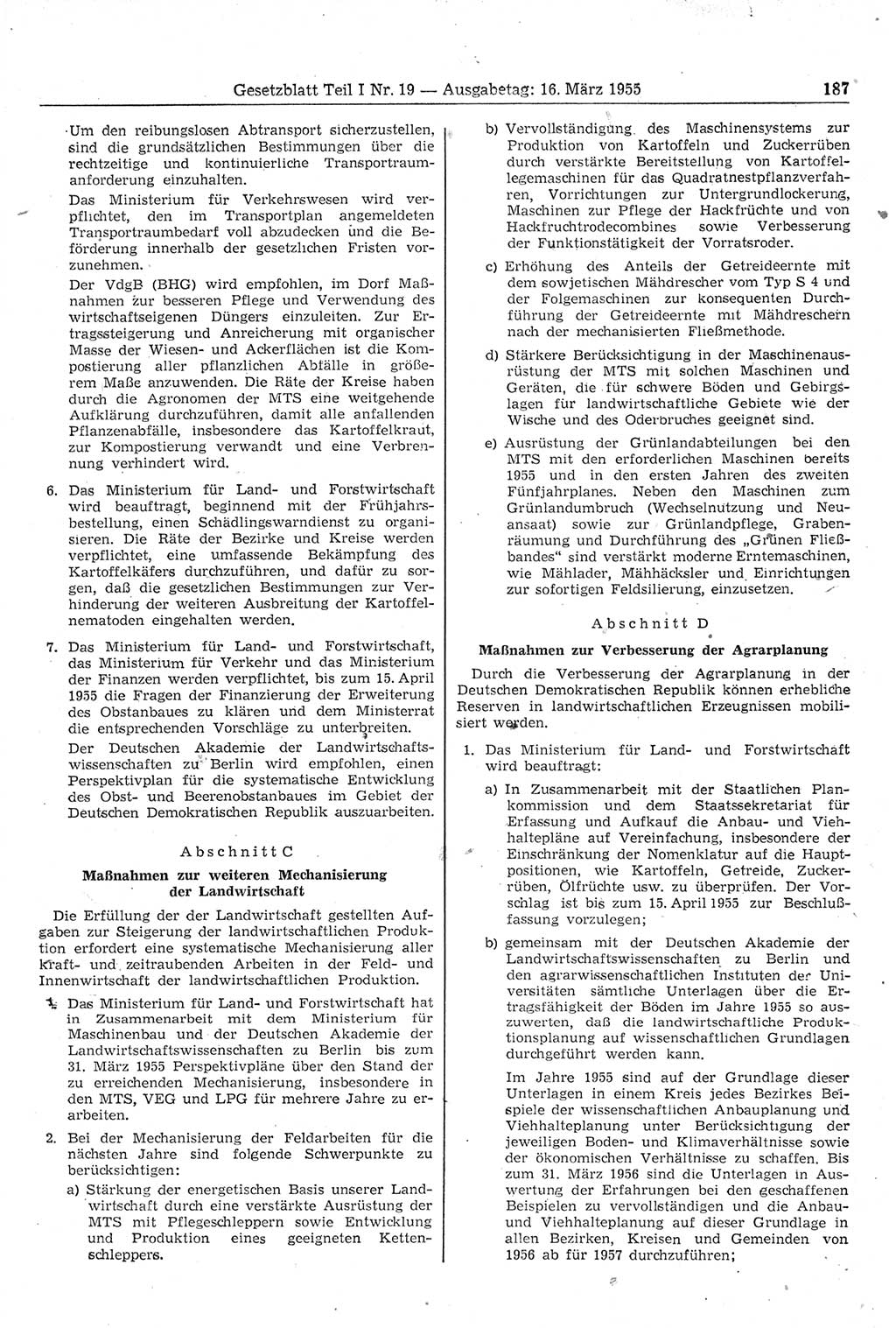 Gesetzblatt (GBl.) der Deutschen Demokratischen Republik (DDR) Teil Ⅰ 1955, Seite 187 (GBl. DDR Ⅰ 1955, S. 187)