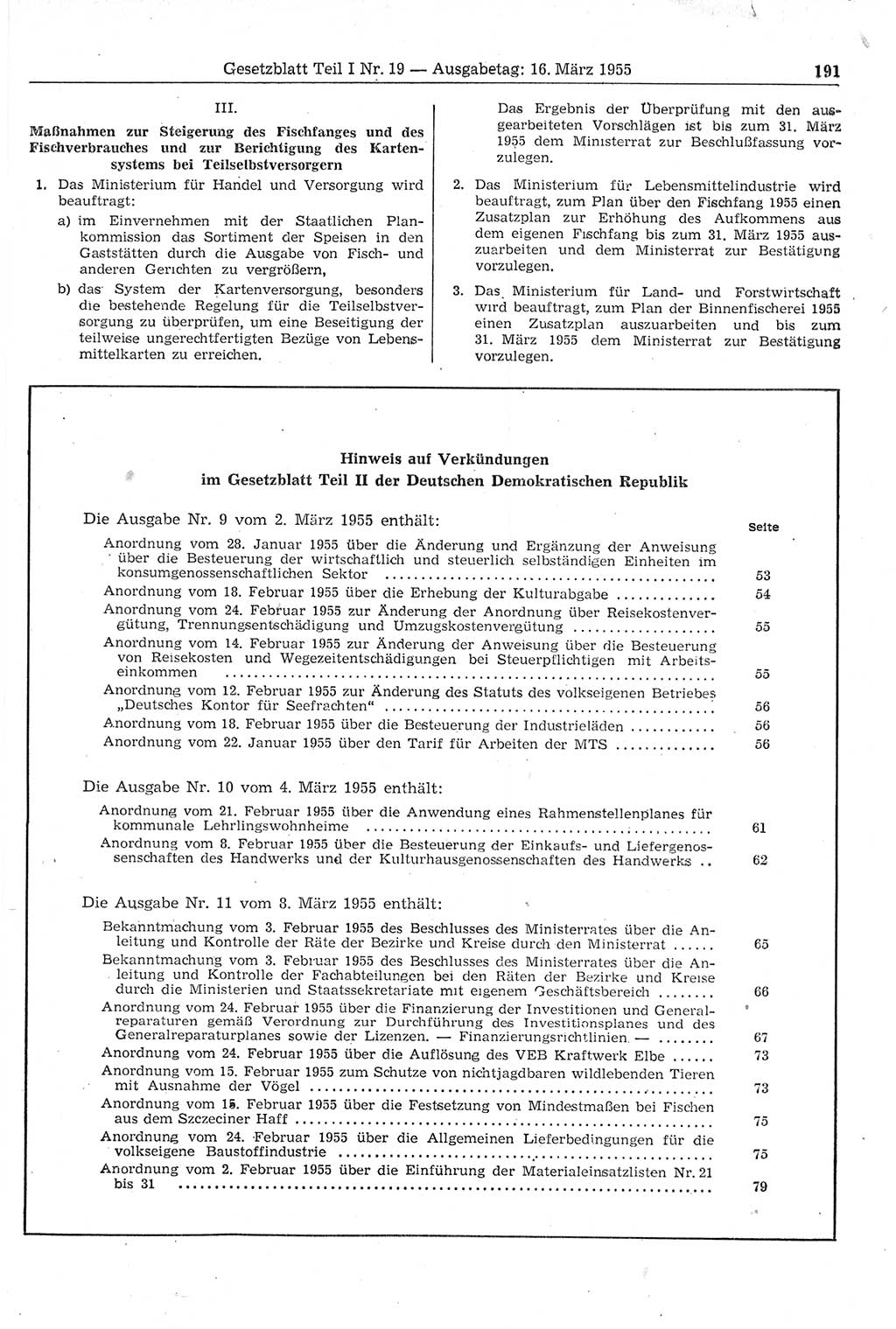 Gesetzblatt (GBl.) der Deutschen Demokratischen Republik (DDR) Teil Ⅰ 1955, Seite 191 (GBl. DDR Ⅰ 1955, S. 191)