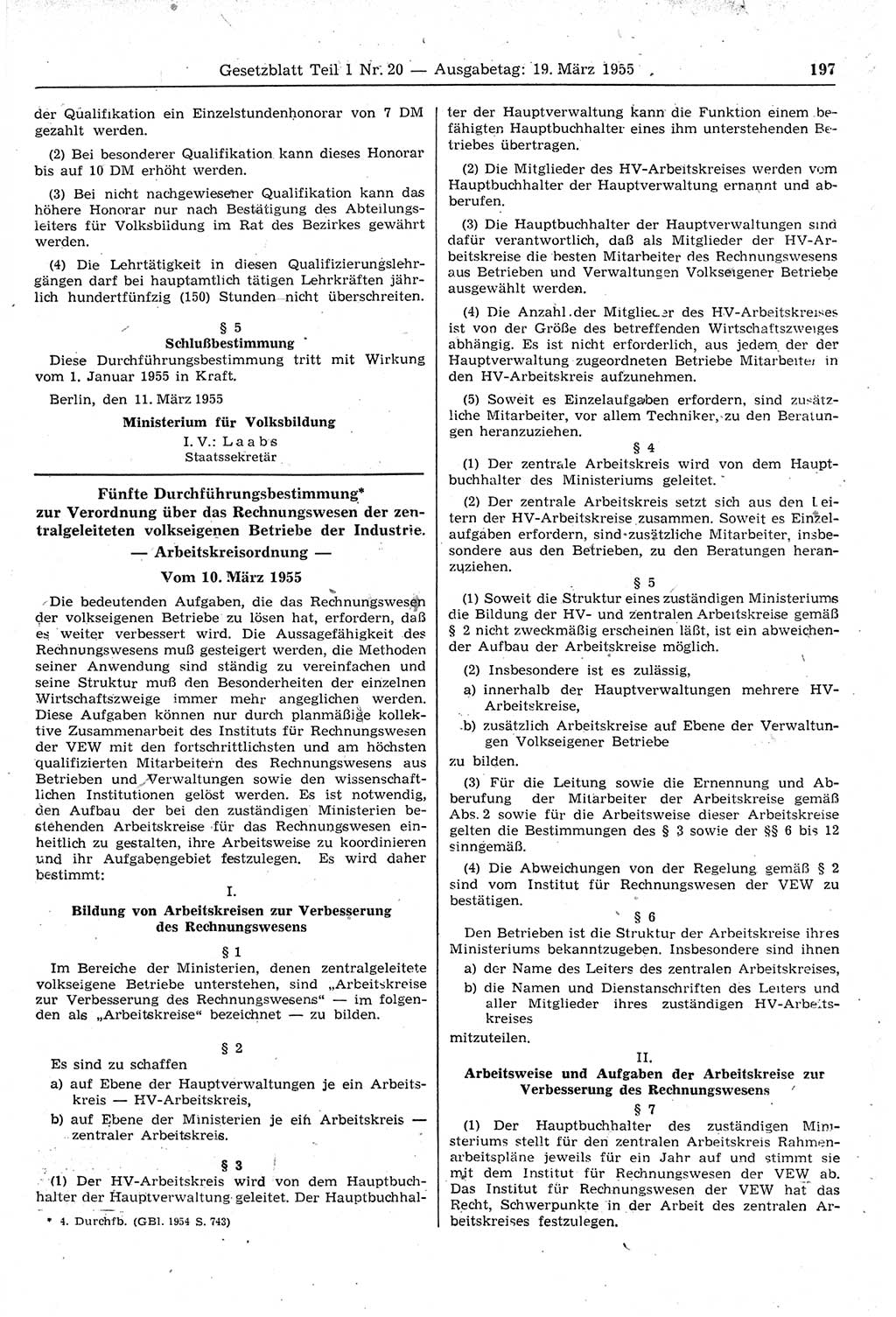 Gesetzblatt (GBl.) der Deutschen Demokratischen Republik (DDR) Teil Ⅰ 1955, Seite 197 (GBl. DDR Ⅰ 1955, S. 197)
