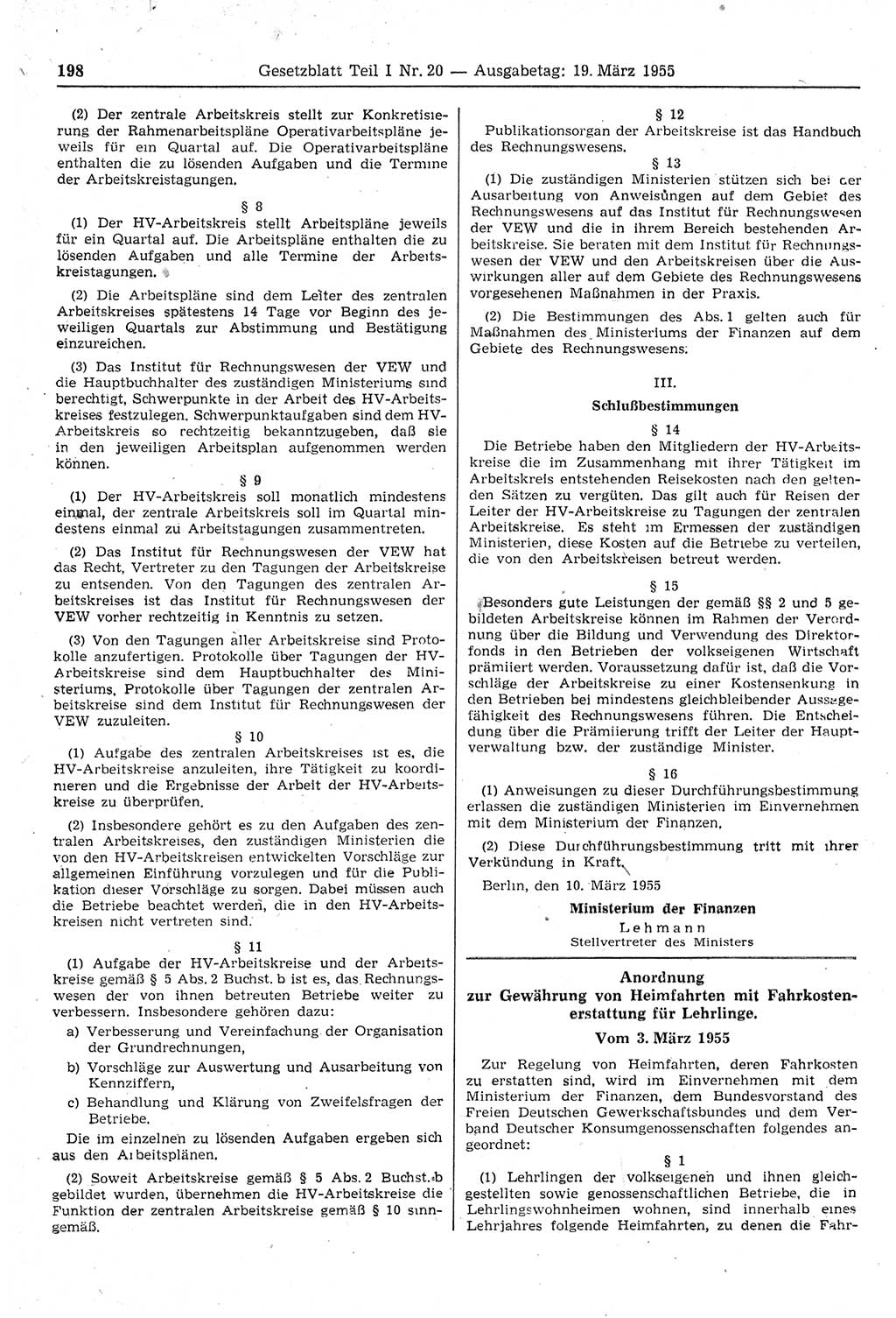 Gesetzblatt (GBl.) der Deutschen Demokratischen Republik (DDR) Teil Ⅰ 1955, Seite 198 (GBl. DDR Ⅰ 1955, S. 198)