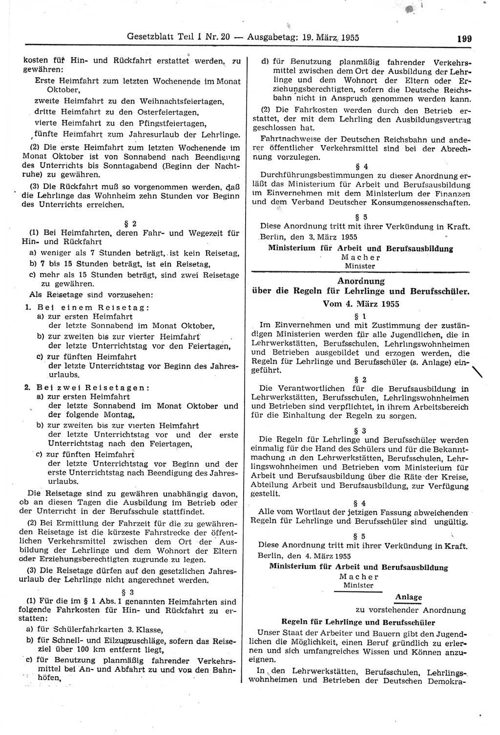 Gesetzblatt (GBl.) der Deutschen Demokratischen Republik (DDR) Teil Ⅰ 1955, Seite 199 (GBl. DDR Ⅰ 1955, S. 199)