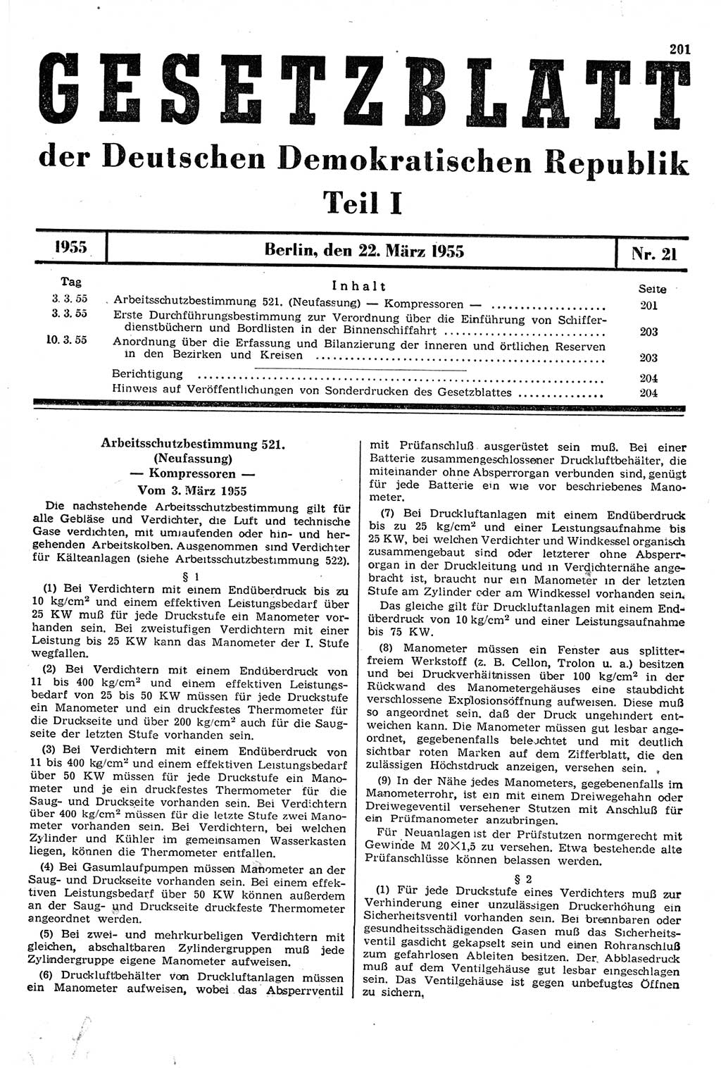 Gesetzblatt (GBl.) der Deutschen Demokratischen Republik (DDR) Teil Ⅰ 1955, Seite 201 (GBl. DDR Ⅰ 1955, S. 201)