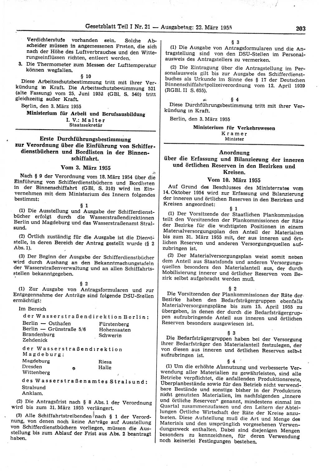 Gesetzblatt (GBl.) der Deutschen Demokratischen Republik (DDR) Teil Ⅰ 1955, Seite 203 (GBl. DDR Ⅰ 1955, S. 203)