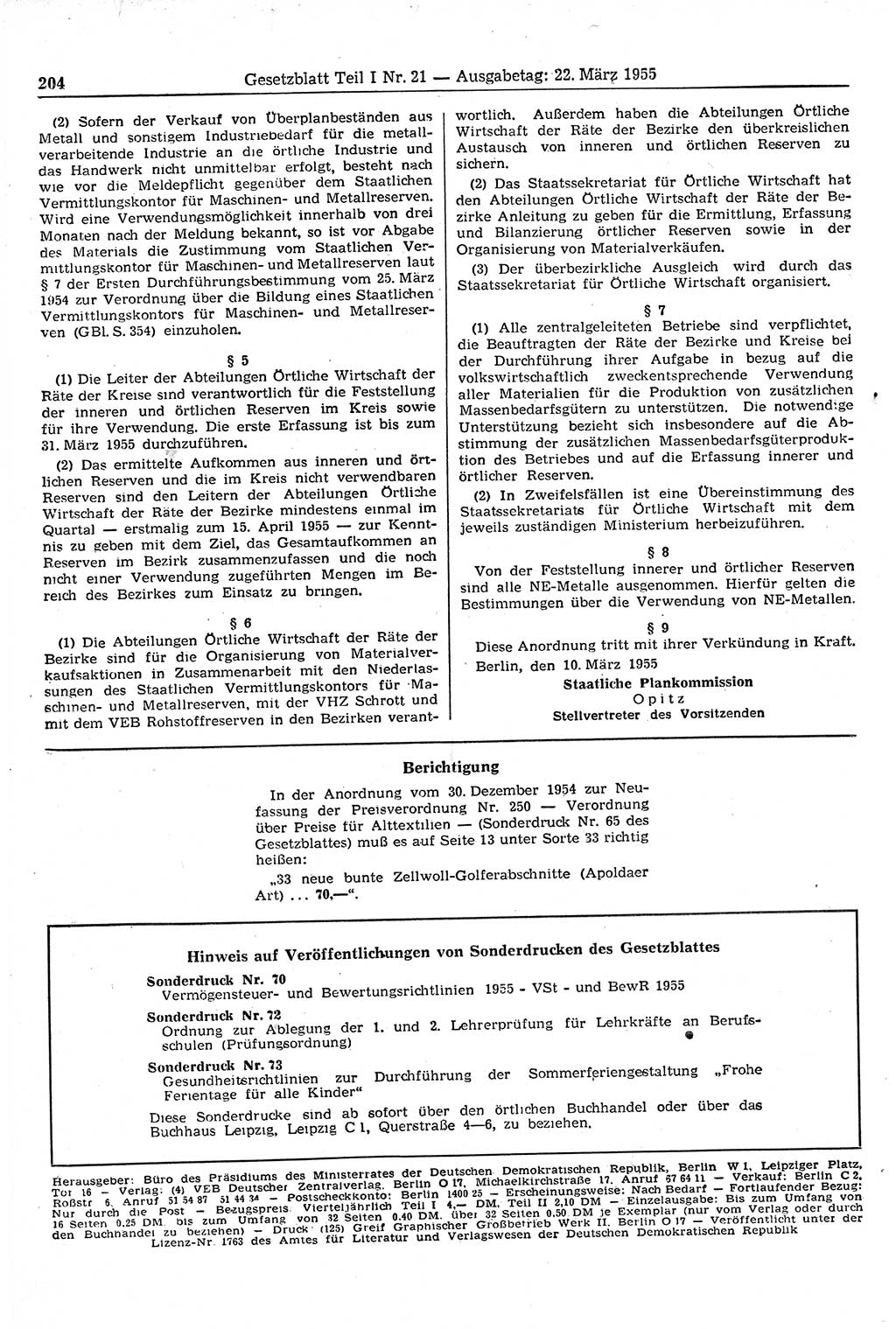 Gesetzblatt (GBl.) der Deutschen Demokratischen Republik (DDR) Teil Ⅰ 1955, Seite 204 (GBl. DDR Ⅰ 1955, S. 204)
