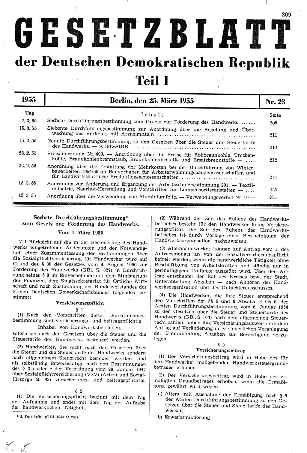 Gesetzblatt (GBl.) der Deutschen Demokratischen Republik (DDR) Teil Ⅰ 1955, Seite 209 (GBl. DDR Ⅰ 1955, S. 209)