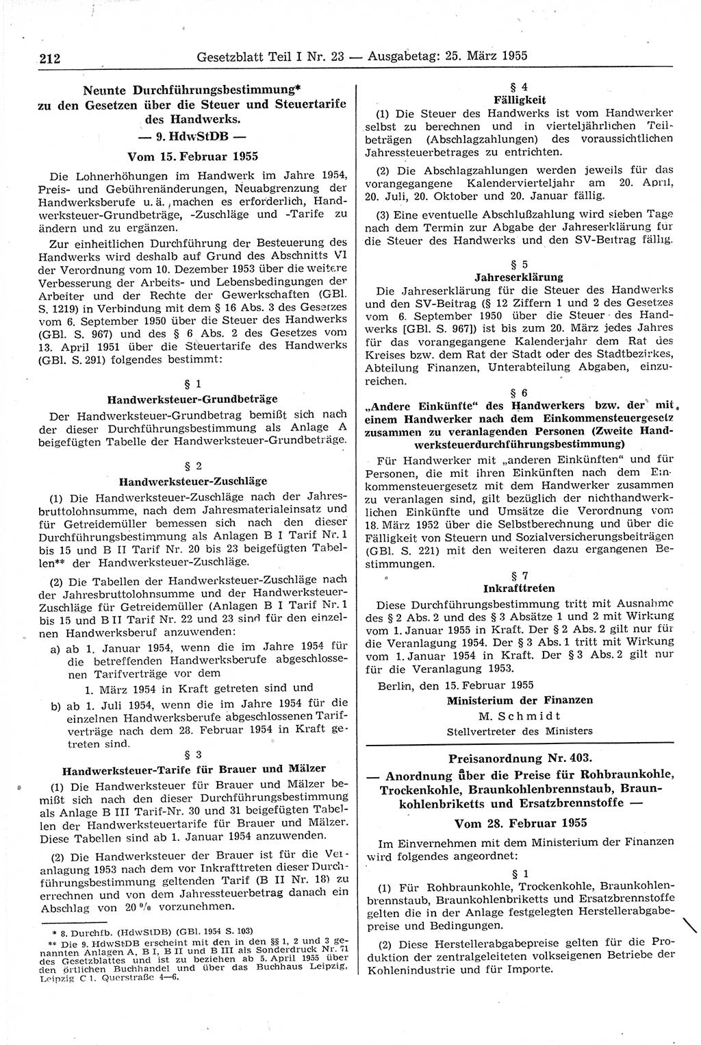 Gesetzblatt (GBl.) der Deutschen Demokratischen Republik (DDR) Teil Ⅰ 1955, Seite 212 (GBl. DDR Ⅰ 1955, S. 212)