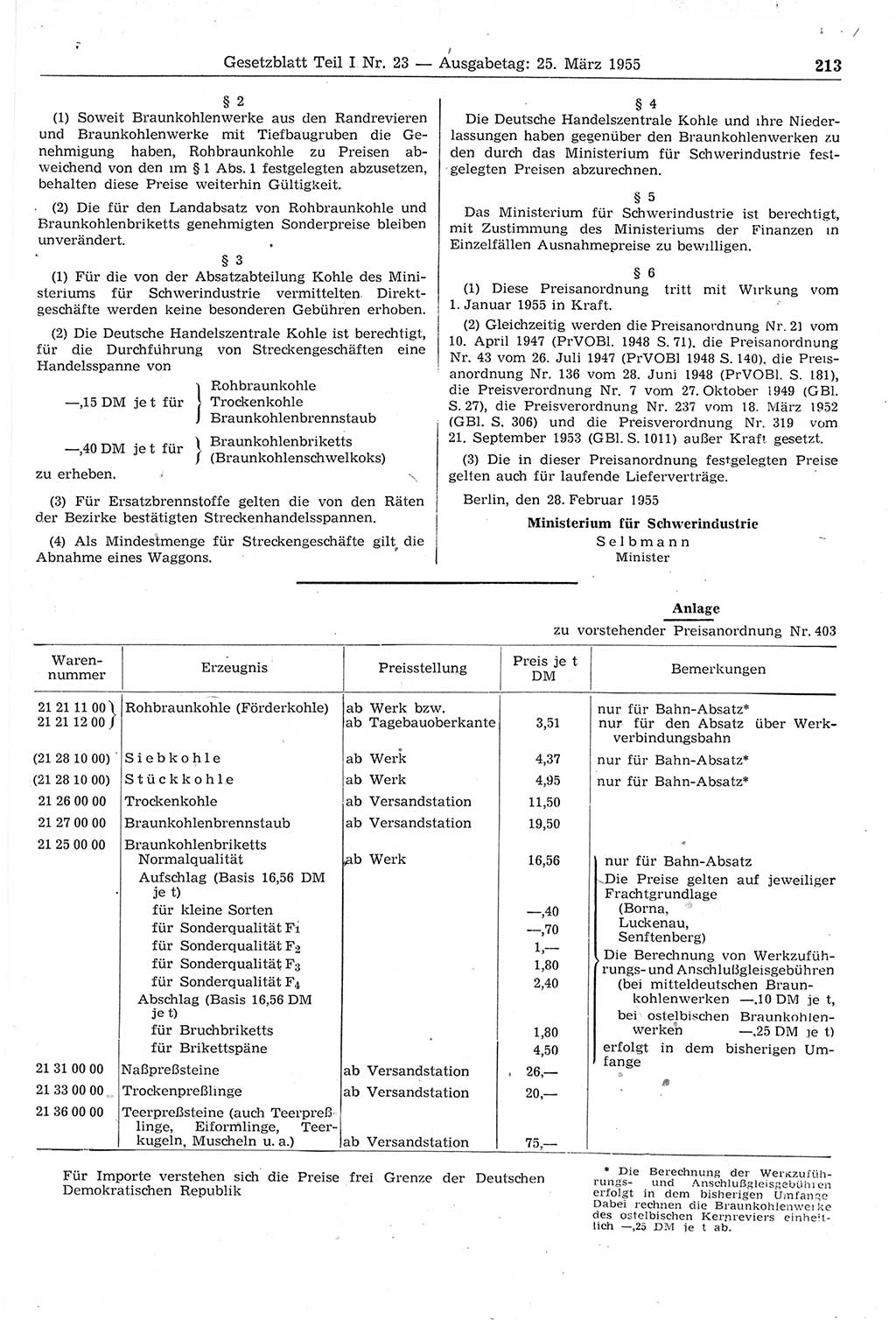Gesetzblatt (GBl.) der Deutschen Demokratischen Republik (DDR) Teil Ⅰ 1955, Seite 213 (GBl. DDR Ⅰ 1955, S. 213)