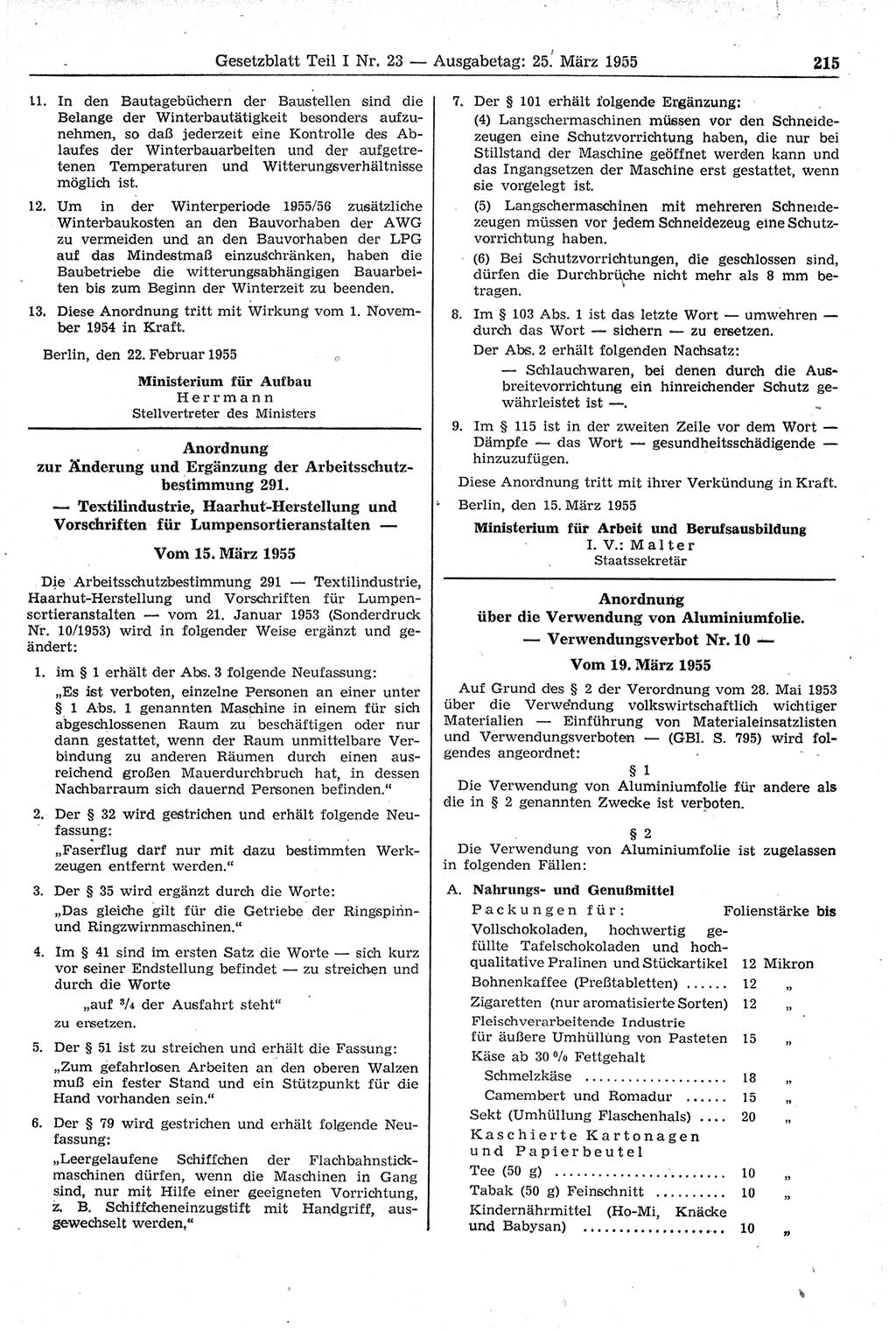 Gesetzblatt (GBl.) der Deutschen Demokratischen Republik (DDR) Teil Ⅰ 1955, Seite 215 (GBl. DDR Ⅰ 1955, S. 215)