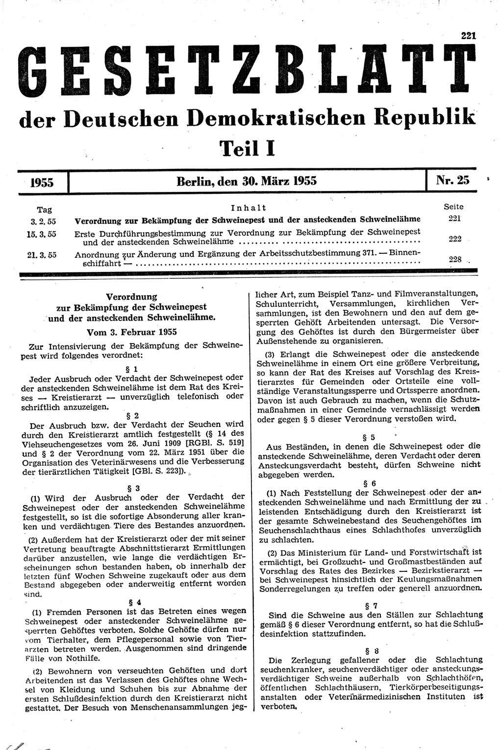 Gesetzblatt (GBl.) der Deutschen Demokratischen Republik (DDR) Teil Ⅰ 1955, Seite 221 (GBl. DDR Ⅰ 1955, S. 221)