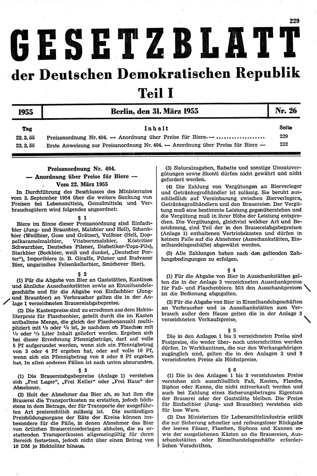 Gesetzblatt (GBl.) der Deutschen Demokratischen Republik (DDR) Teil Ⅰ 1955, Seite 229 (GBl. DDR Ⅰ 1955, S. 229)