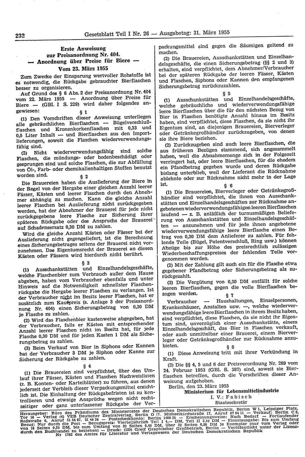 Gesetzblatt (GBl.) der Deutschen Demokratischen Republik (DDR) Teil Ⅰ 1955, Seite 232 (GBl. DDR Ⅰ 1955, S. 232)