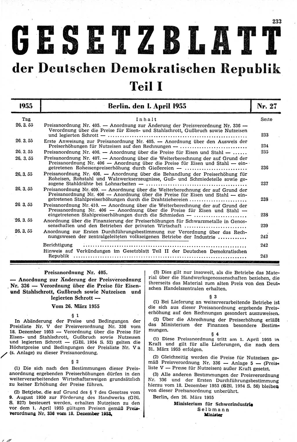 Gesetzblatt (GBl.) der Deutschen Demokratischen Republik (DDR) Teil Ⅰ 1955, Seite 233 (GBl. DDR Ⅰ 1955, S. 233)