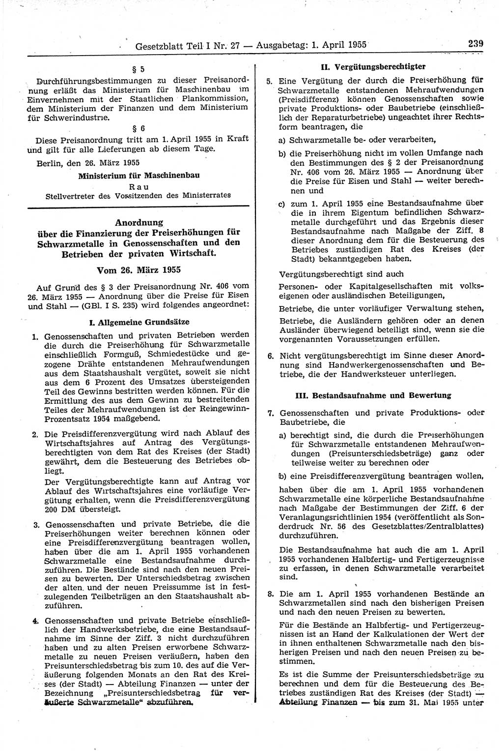 Gesetzblatt (GBl.) der Deutschen Demokratischen Republik (DDR) Teil Ⅰ 1955, Seite 239 (GBl. DDR Ⅰ 1955, S. 239)