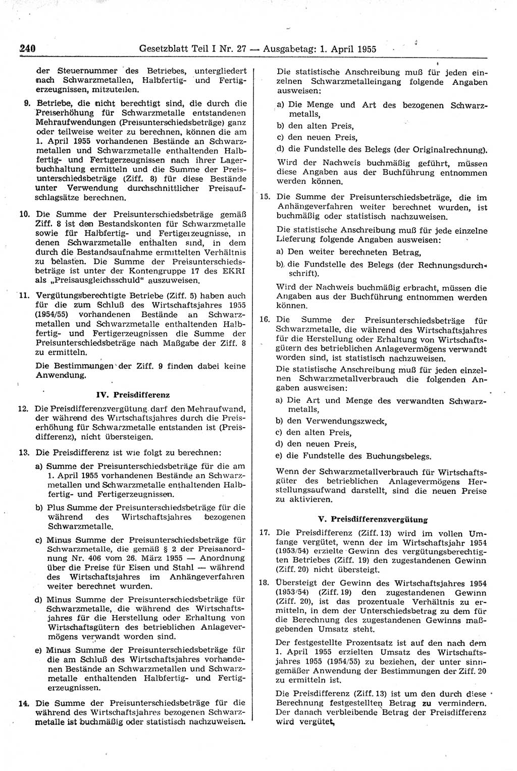 Gesetzblatt (GBl.) der Deutschen Demokratischen Republik (DDR) Teil Ⅰ 1955, Seite 240 (GBl. DDR Ⅰ 1955, S. 240)