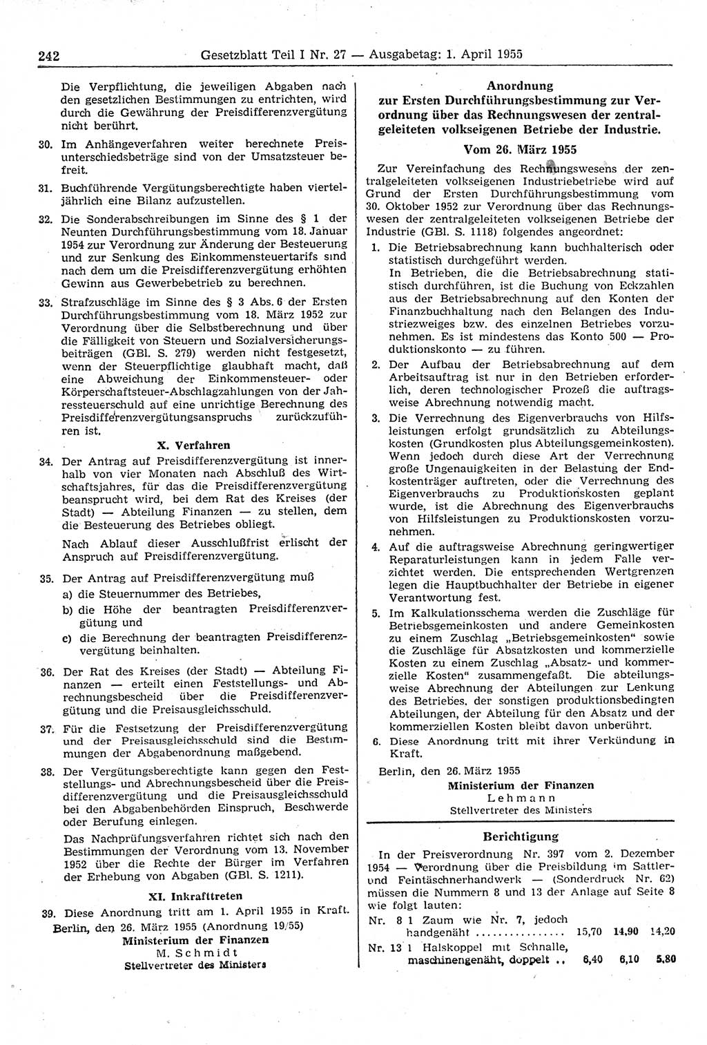 Gesetzblatt (GBl.) der Deutschen Demokratischen Republik (DDR) Teil Ⅰ 1955, Seite 242 (GBl. DDR Ⅰ 1955, S. 242)