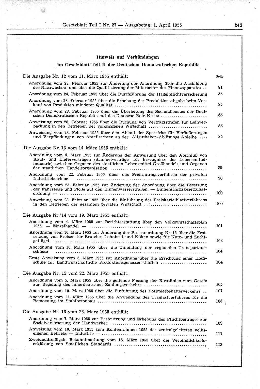 Gesetzblatt (GBl.) der Deutschen Demokratischen Republik (DDR) Teil Ⅰ 1955, Seite 243 (GBl. DDR Ⅰ 1955, S. 243)