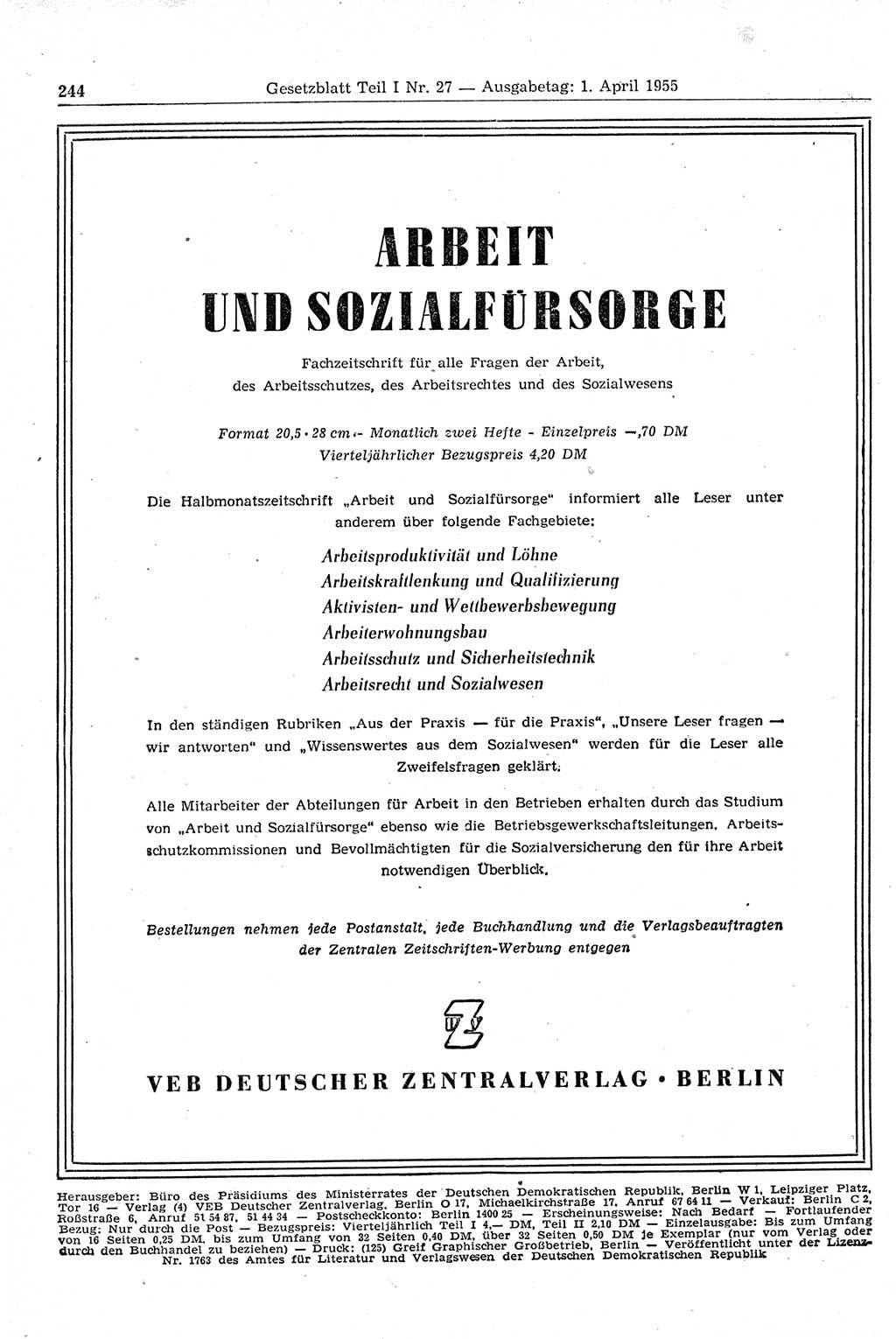 Gesetzblatt (GBl.) der Deutschen Demokratischen Republik (DDR) Teil Ⅰ 1955, Seite 244 (GBl. DDR Ⅰ 1955, S. 244)