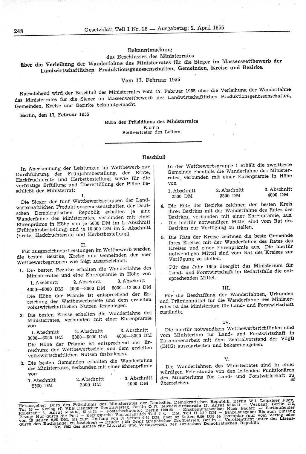 Gesetzblatt (GBl.) der Deutschen Demokratischen Republik (DDR) Teil Ⅰ 1955, Seite 248 (GBl. DDR Ⅰ 1955, S. 248)