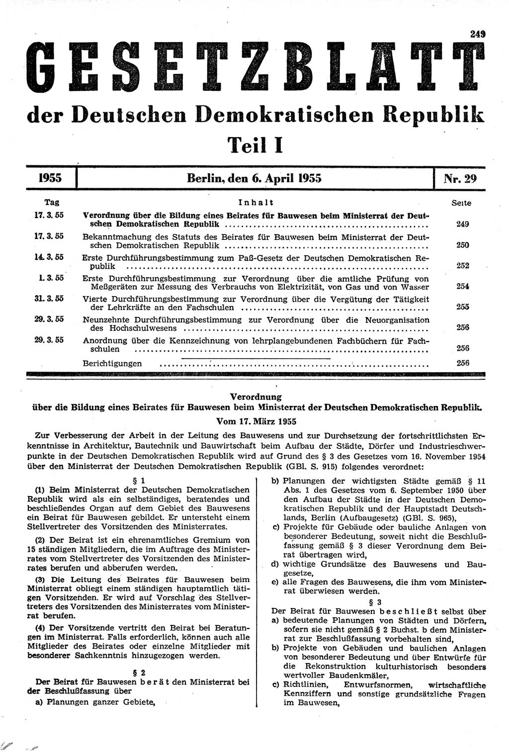 Gesetzblatt (GBl.) der Deutschen Demokratischen Republik (DDR) Teil Ⅰ 1955, Seite 249 (GBl. DDR Ⅰ 1955, S. 249)