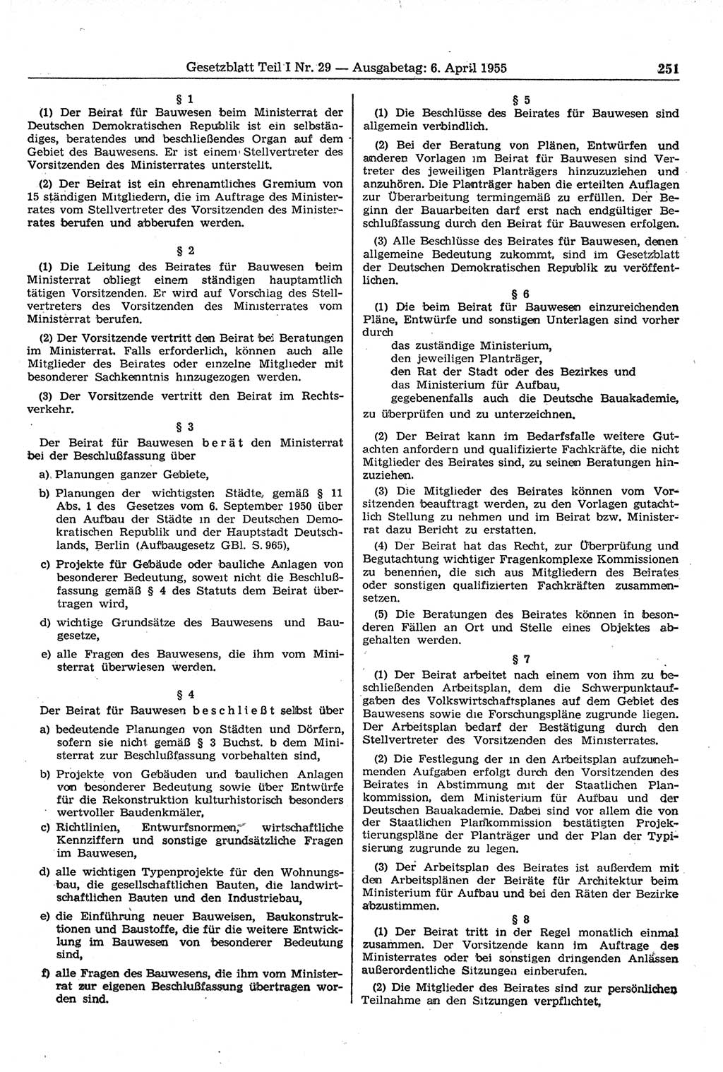 Gesetzblatt (GBl.) der Deutschen Demokratischen Republik (DDR) Teil Ⅰ 1955, Seite 251 (GBl. DDR Ⅰ 1955, S. 251)