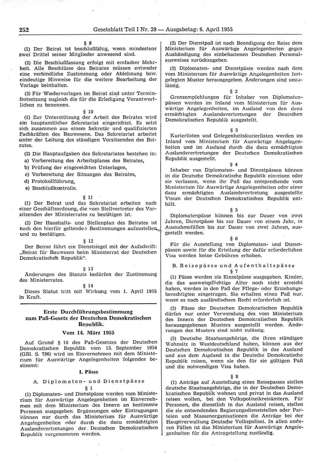 Gesetzblatt (GBl.) der Deutschen Demokratischen Republik (DDR) Teil Ⅰ 1955, Seite 252 (GBl. DDR Ⅰ 1955, S. 252)