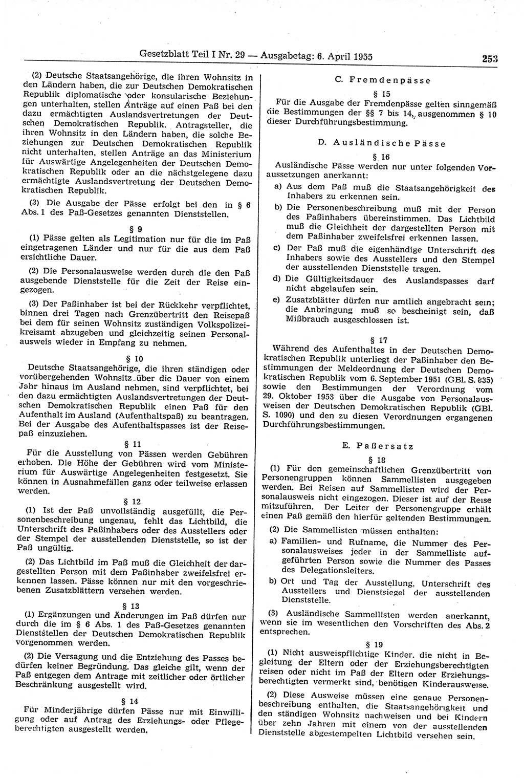 Gesetzblatt (GBl.) der Deutschen Demokratischen Republik (DDR) Teil Ⅰ 1955, Seite 253 (GBl. DDR Ⅰ 1955, S. 253)