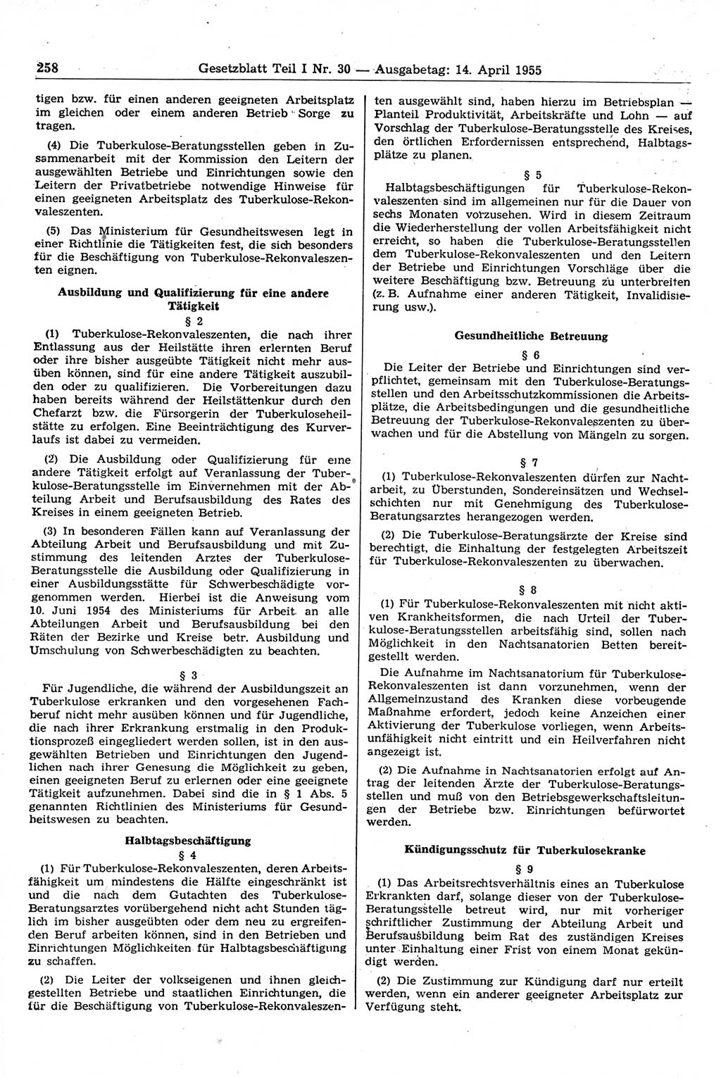 Gesetzblatt (GBl.) der Deutschen Demokratischen Republik (DDR) Teil Ⅰ 1955, Seite 258 (GBl. DDR Ⅰ 1955, S. 258)