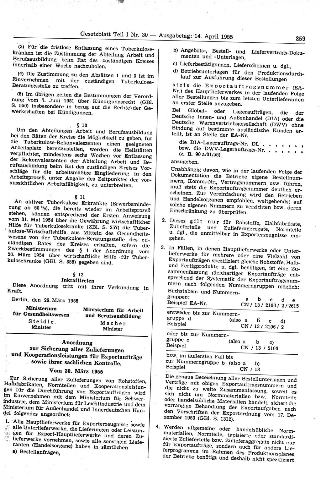 Gesetzblatt (GBl.) der Deutschen Demokratischen Republik (DDR) Teil Ⅰ 1955, Seite 259 (GBl. DDR Ⅰ 1955, S. 259)