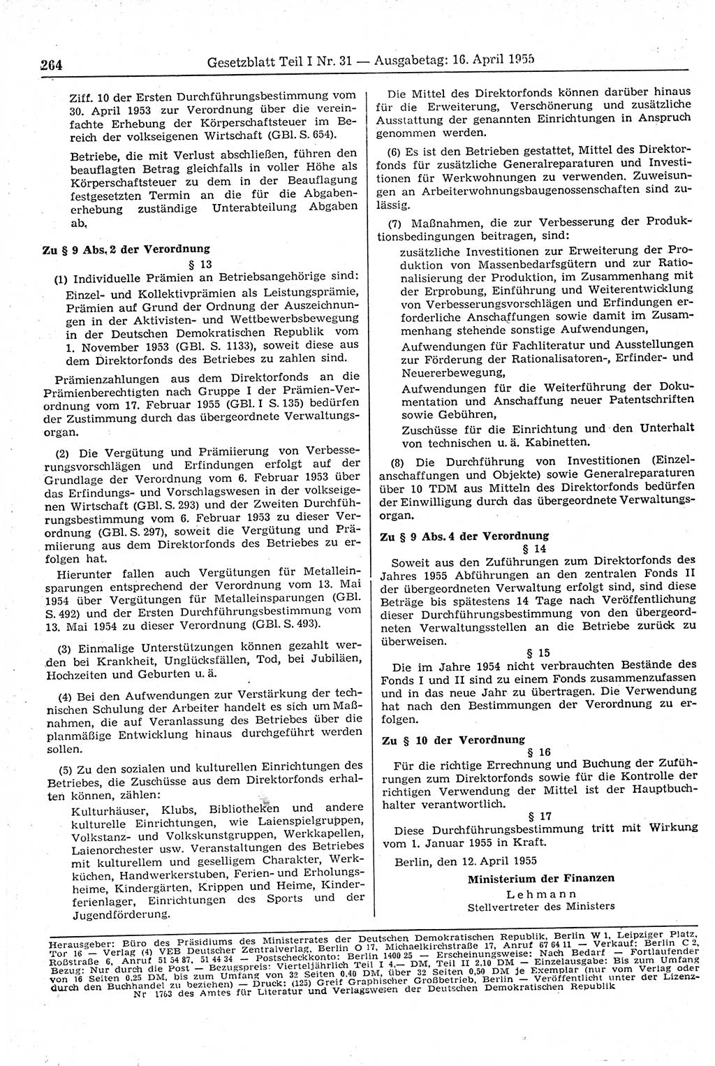 Gesetzblatt (GBl.) der Deutschen Demokratischen Republik (DDR) Teil Ⅰ 1955, Seite 264 (GBl. DDR Ⅰ 1955, S. 264)