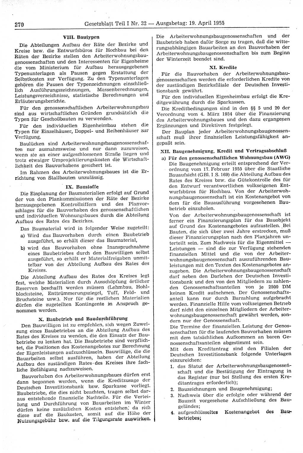 Gesetzblatt (GBl.) der Deutschen Demokratischen Republik (DDR) Teil Ⅰ 1955, Seite 270 (GBl. DDR Ⅰ 1955, S. 270)