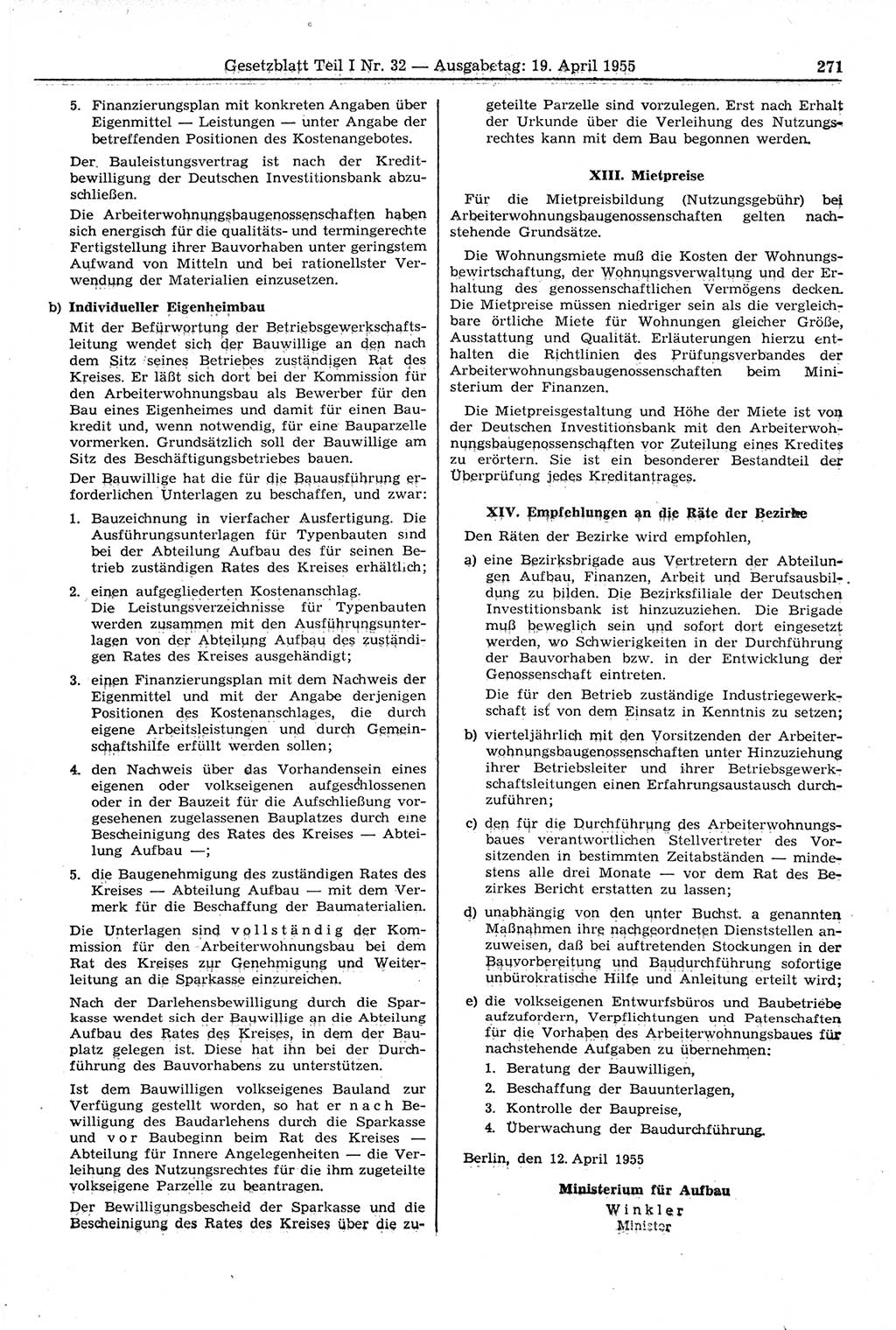 Gesetzblatt (GBl.) der Deutschen Demokratischen Republik (DDR) Teil Ⅰ 1955, Seite 271 (GBl. DDR Ⅰ 1955, S. 271)