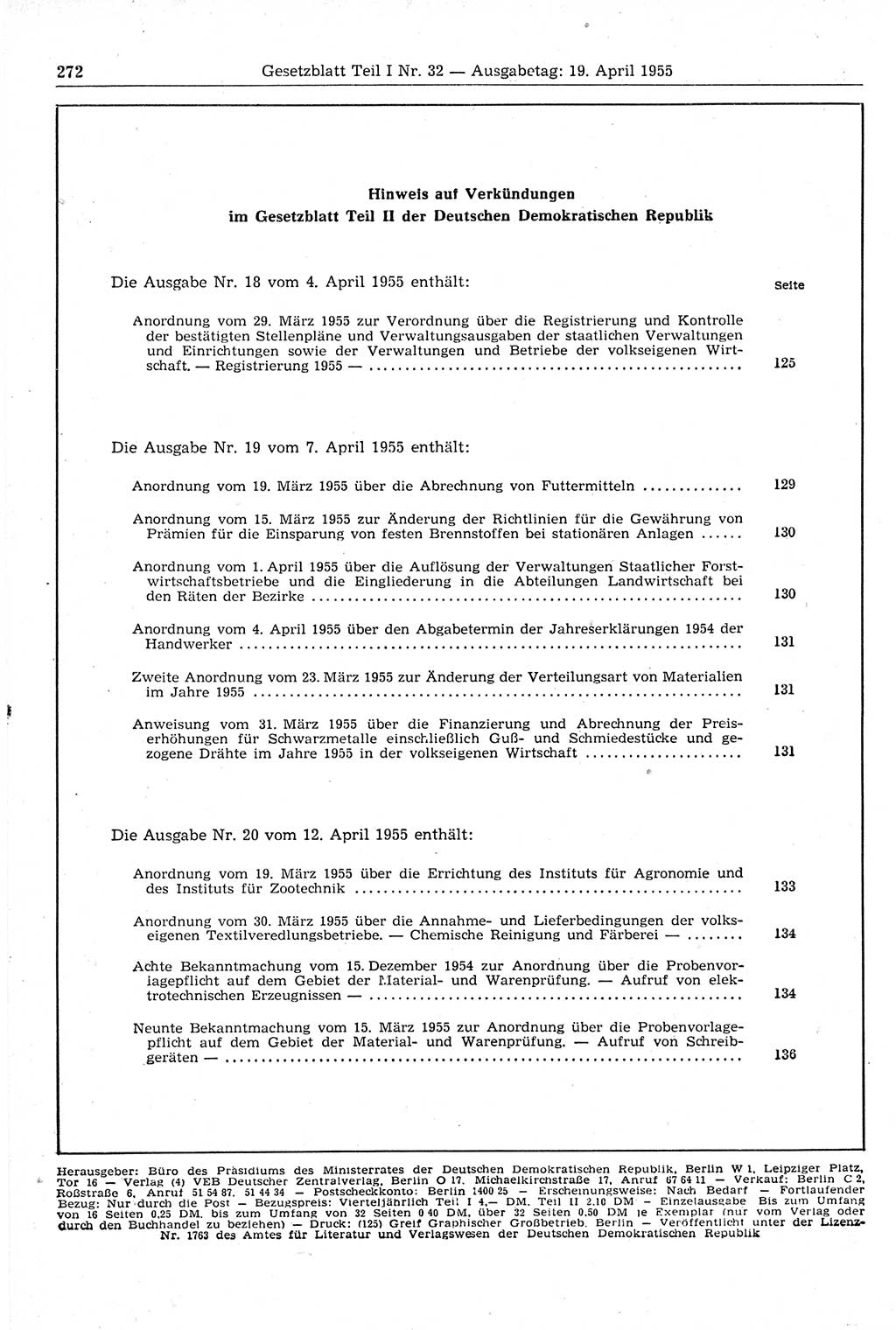 Gesetzblatt (GBl.) der Deutschen Demokratischen Republik (DDR) Teil Ⅰ 1955, Seite 272 (GBl. DDR Ⅰ 1955, S. 272)