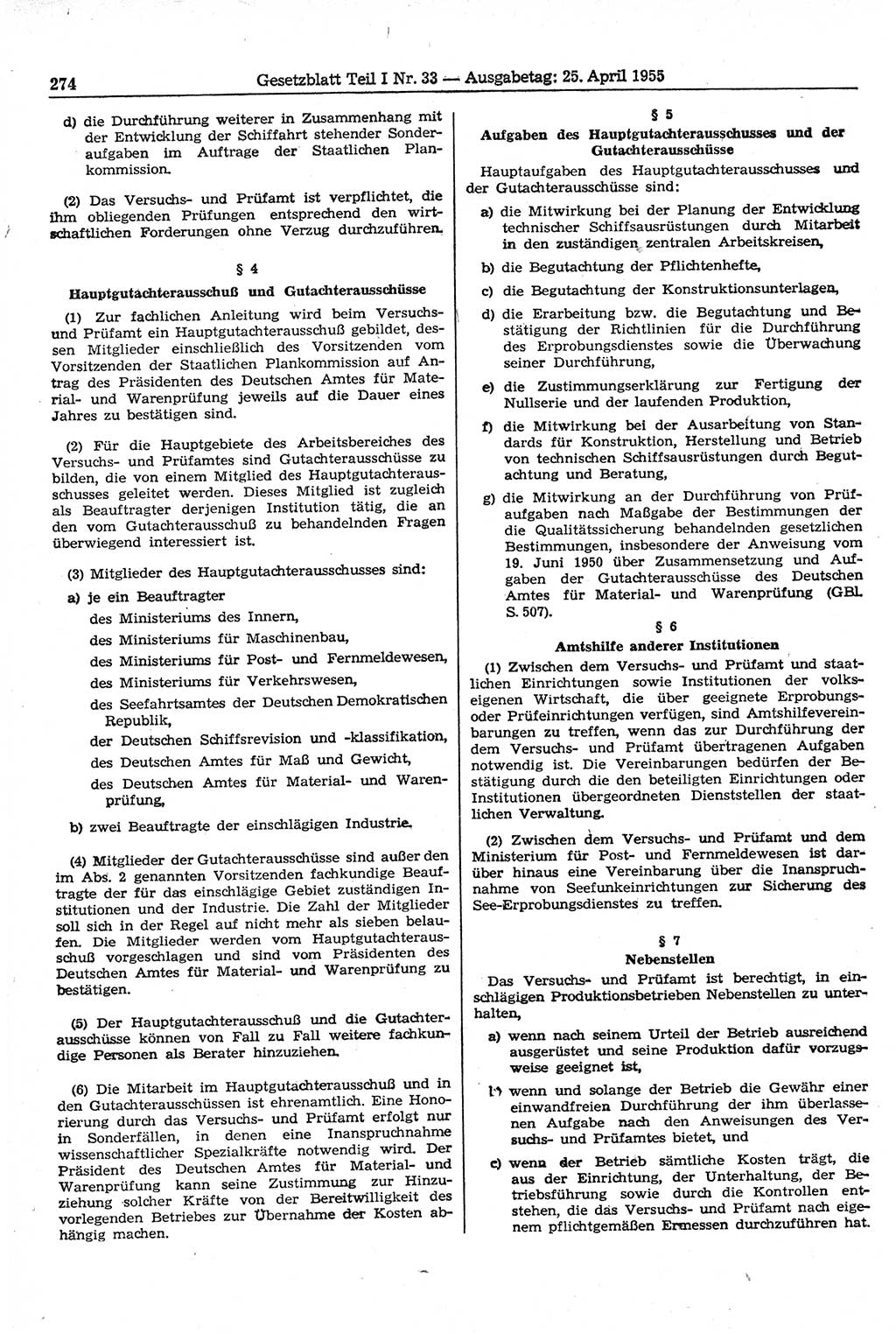 Gesetzblatt (GBl.) der Deutschen Demokratischen Republik (DDR) Teil Ⅰ 1955, Seite 274 (GBl. DDR Ⅰ 1955, S. 274)