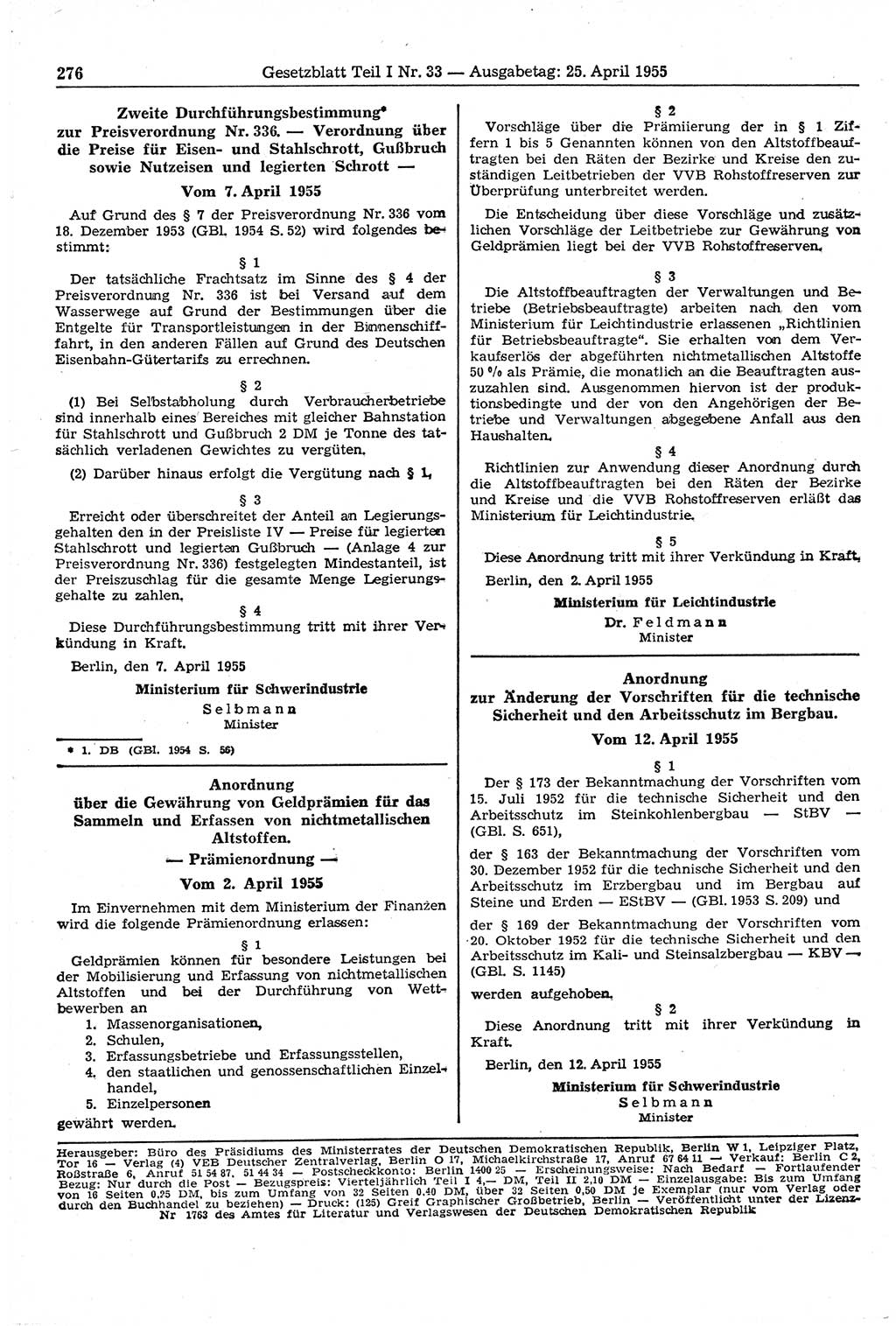 Gesetzblatt (GBl.) der Deutschen Demokratischen Republik (DDR) Teil Ⅰ 1955, Seite 276 (GBl. DDR Ⅰ 1955, S. 276)
