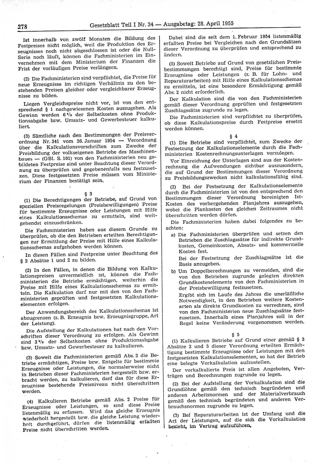 Gesetzblatt (GBl.) der Deutschen Demokratischen Republik (DDR) Teil Ⅰ 1955, Seite 278 (GBl. DDR Ⅰ 1955, S. 278)