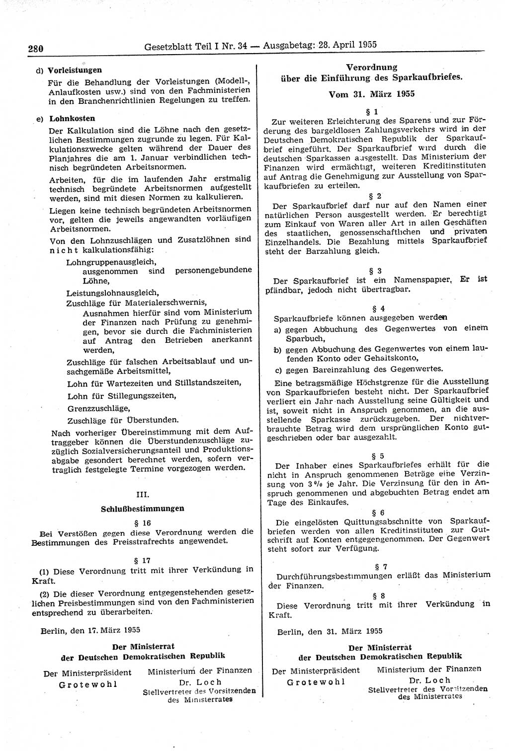 Gesetzblatt (GBl.) der Deutschen Demokratischen Republik (DDR) Teil Ⅰ 1955, Seite 280 (GBl. DDR Ⅰ 1955, S. 280)