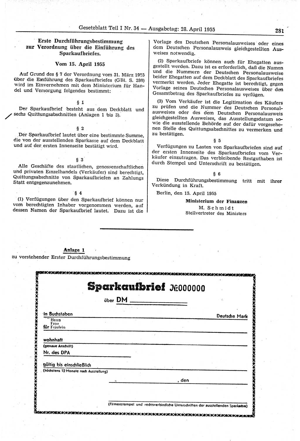 Gesetzblatt (GBl.) der Deutschen Demokratischen Republik (DDR) Teil Ⅰ 1955, Seite 281 (GBl. DDR Ⅰ 1955, S. 281)