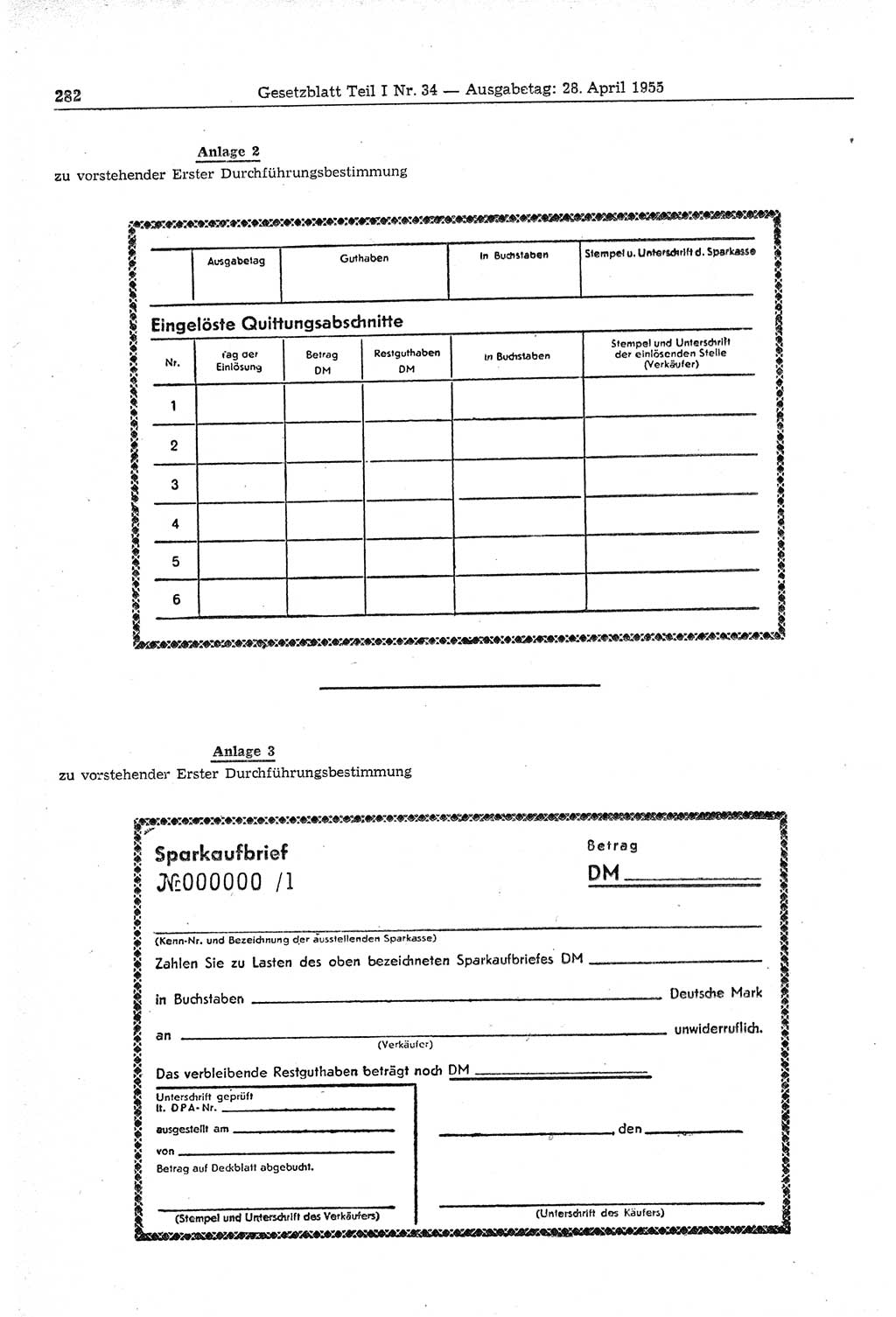 Gesetzblatt (GBl.) der Deutschen Demokratischen Republik (DDR) Teil Ⅰ 1955, Seite 282 (GBl. DDR Ⅰ 1955, S. 282)