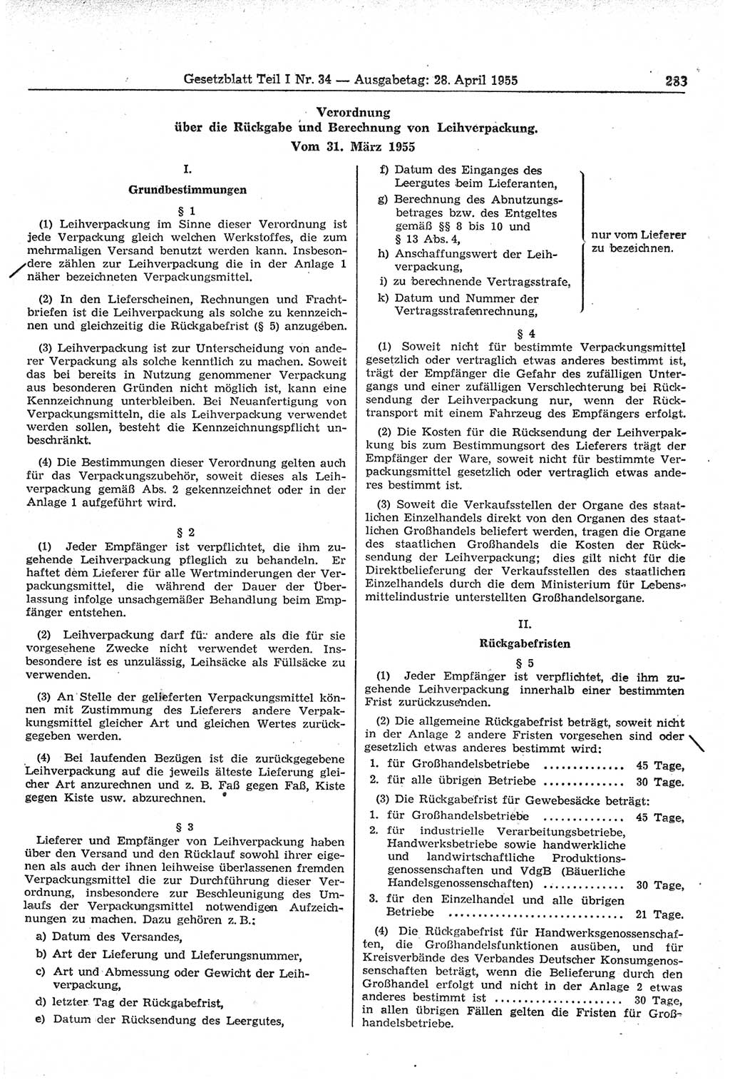 Gesetzblatt (GBl.) der Deutschen Demokratischen Republik (DDR) Teil Ⅰ 1955, Seite 283 (GBl. DDR Ⅰ 1955, S. 283)