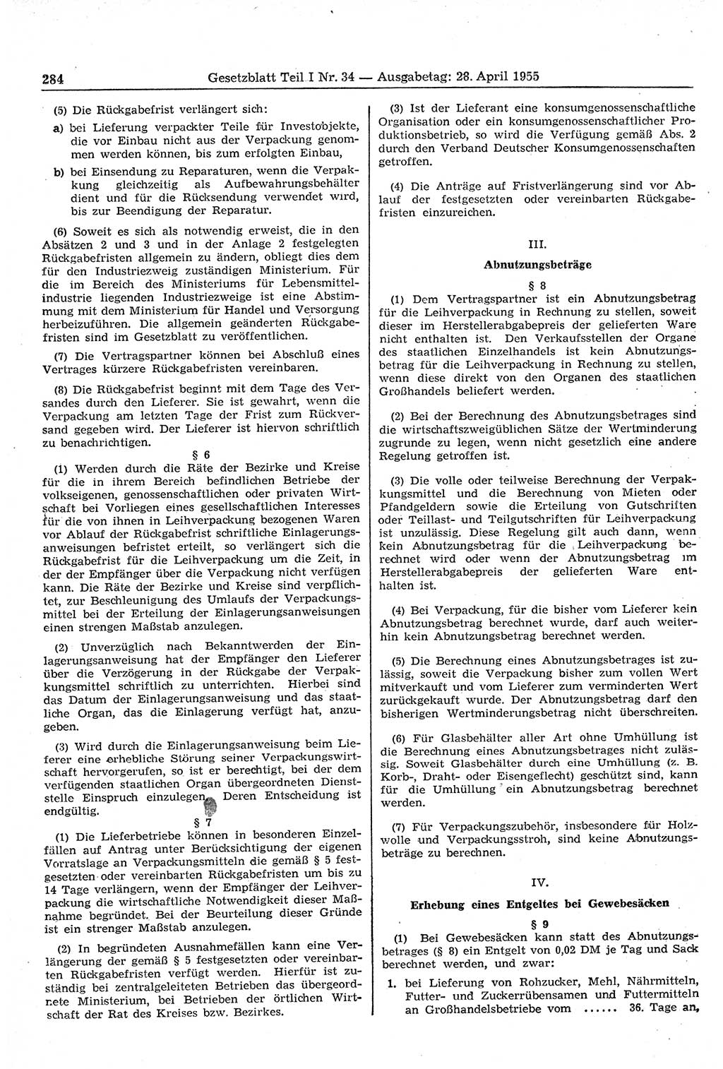 Gesetzblatt (GBl.) der Deutschen Demokratischen Republik (DDR) Teil Ⅰ 1955, Seite 284 (GBl. DDR Ⅰ 1955, S. 284)