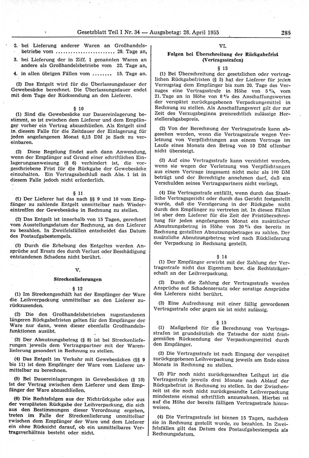 Gesetzblatt (GBl.) der Deutschen Demokratischen Republik (DDR) Teil Ⅰ 1955, Seite 285 (GBl. DDR Ⅰ 1955, S. 285)
