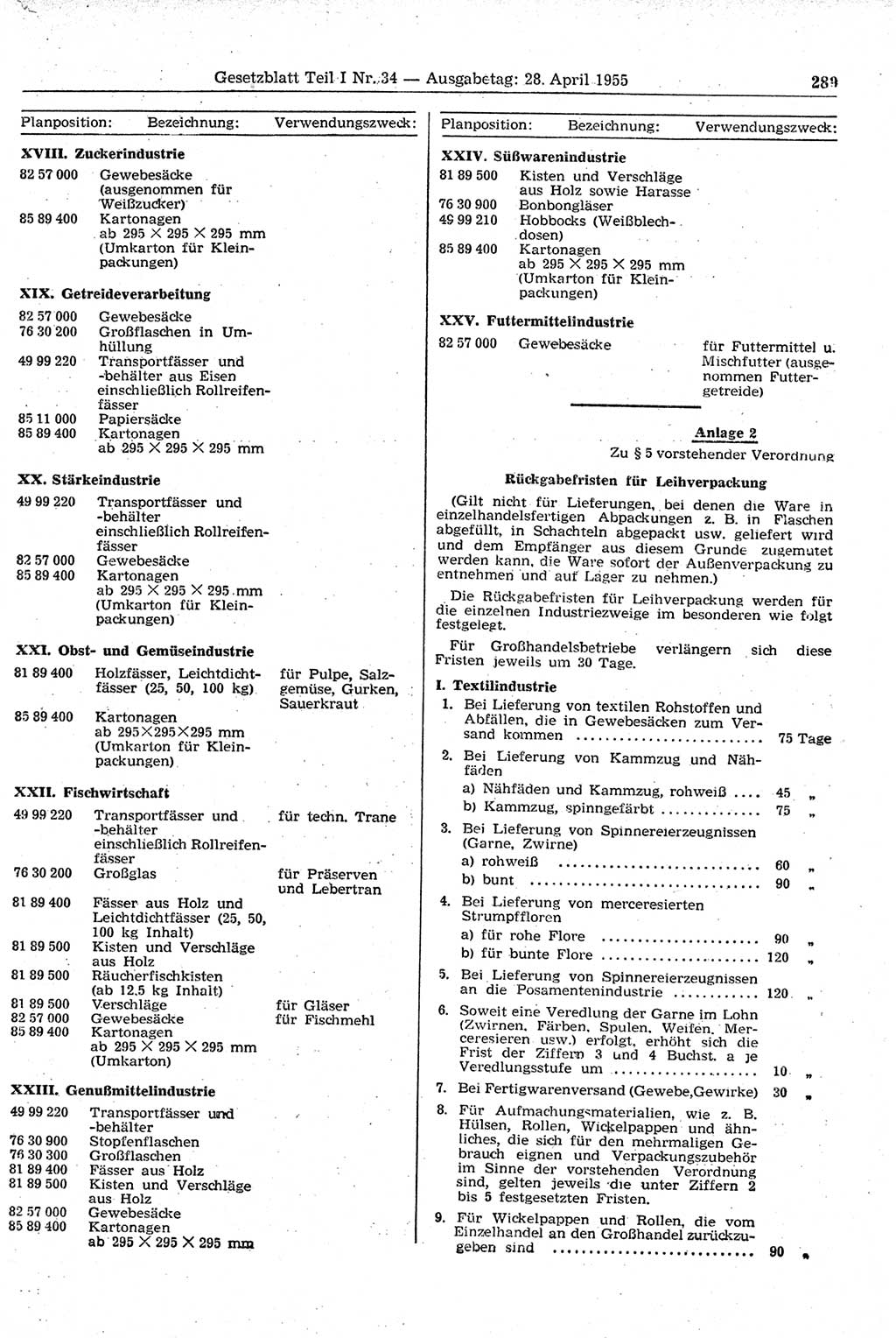 Gesetzblatt (GBl.) der Deutschen Demokratischen Republik (DDR) Teil Ⅰ 1955, Seite 289 (GBl. DDR Ⅰ 1955, S. 289)