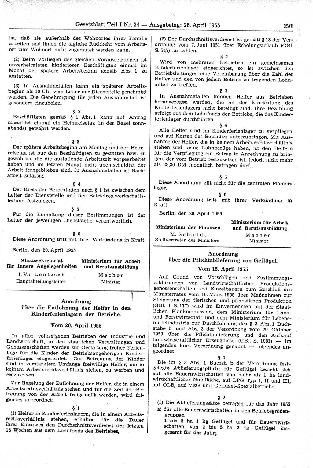 Gesetzblatt (GBl.) der Deutschen Demokratischen Republik (DDR) Teil Ⅰ 1955, Seite 291 (GBl. DDR Ⅰ 1955, S. 291)