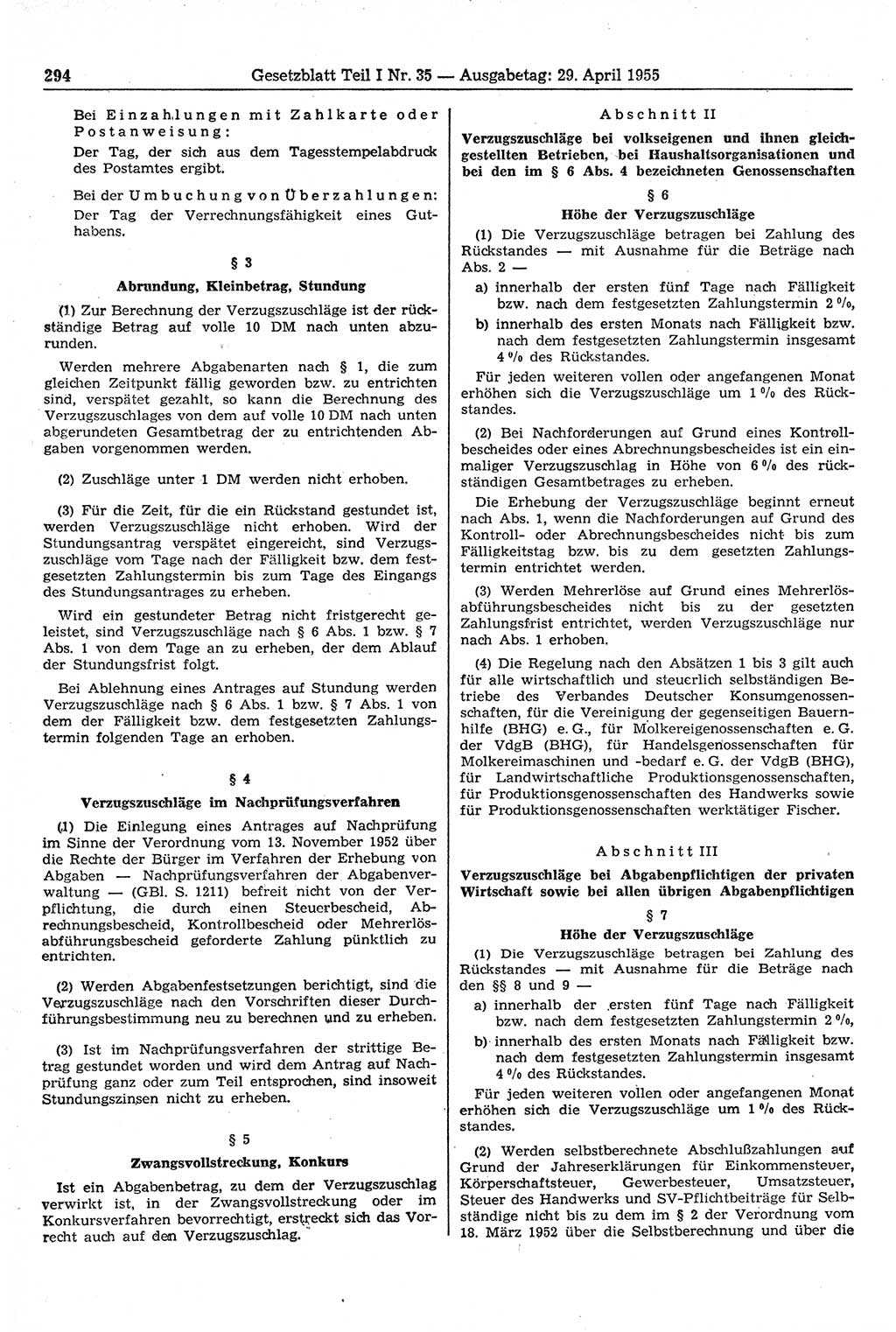 Gesetzblatt (GBl.) der Deutschen Demokratischen Republik (DDR) Teil Ⅰ 1955, Seite 294 (GBl. DDR Ⅰ 1955, S. 294)